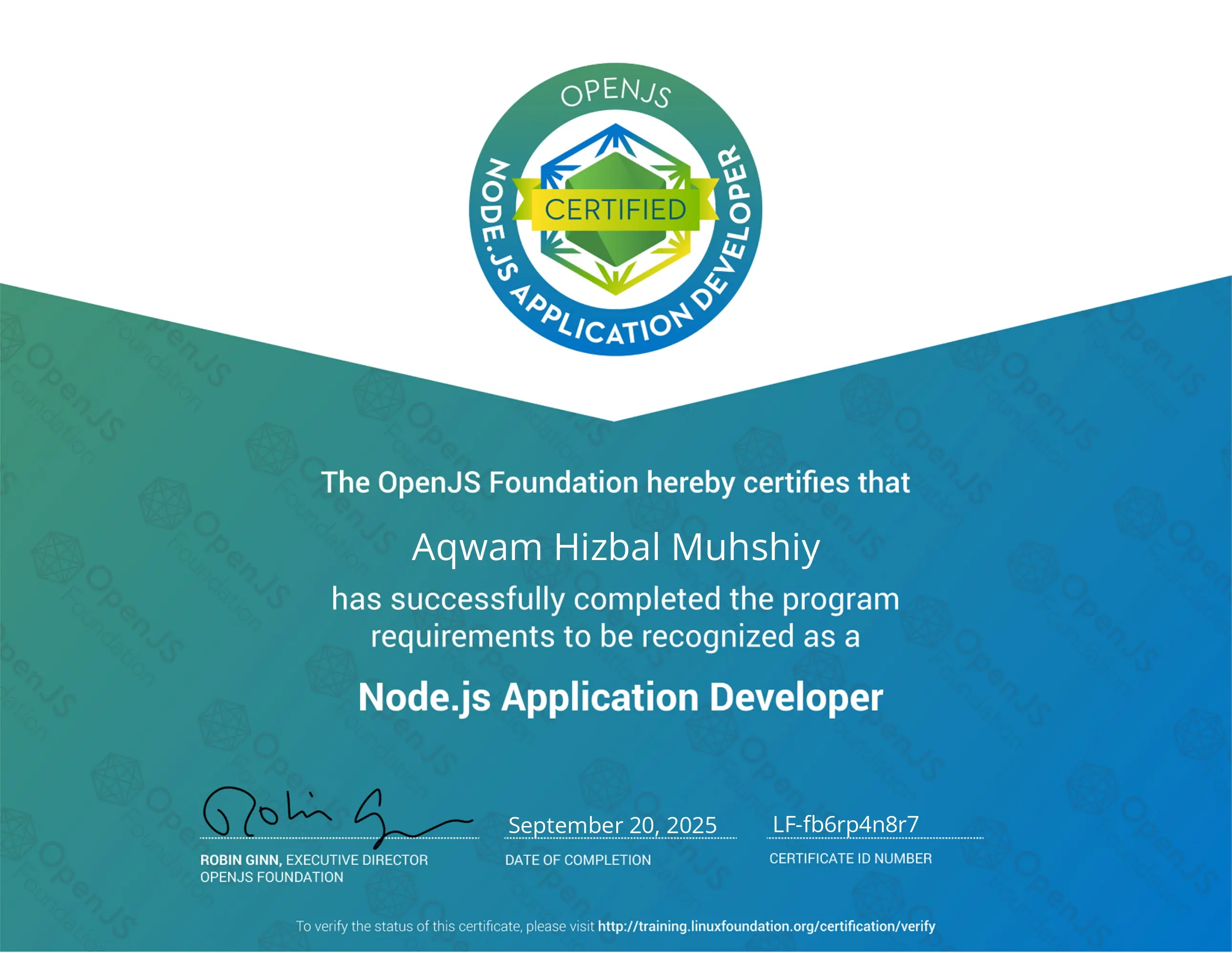 OpenJS NodeJS Application Developer Certification certificate